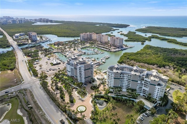 bird's eye view with a water view and a city view