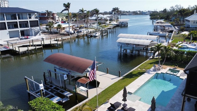 view of dock with a water view