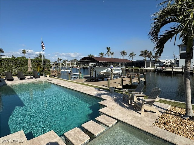 view of pool with a water view and a boat dock