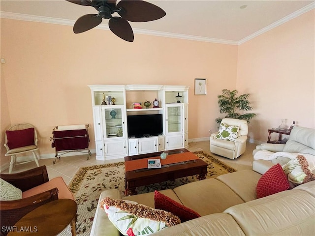 tiled living room featuring crown molding and ceiling fan