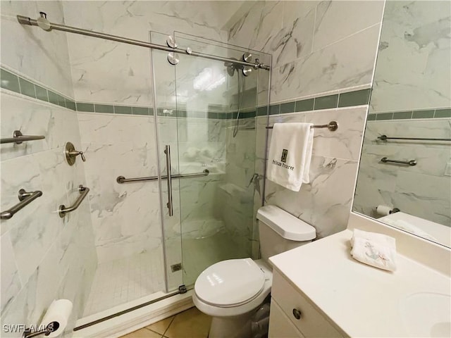 bathroom featuring a baseboard radiator, toilet, an enclosed shower, and tile walls