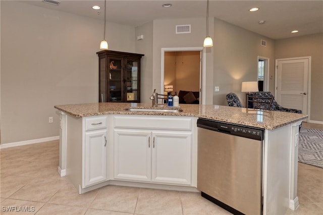 kitchen with white cabinetry, dishwasher, hanging light fixtures, and a center island with sink