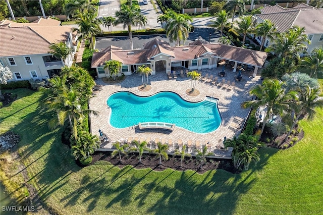 view of swimming pool featuring a lawn and a patio