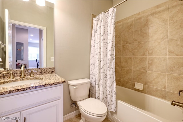 full bathroom with vanity, shower / bath combination with curtain, and toilet