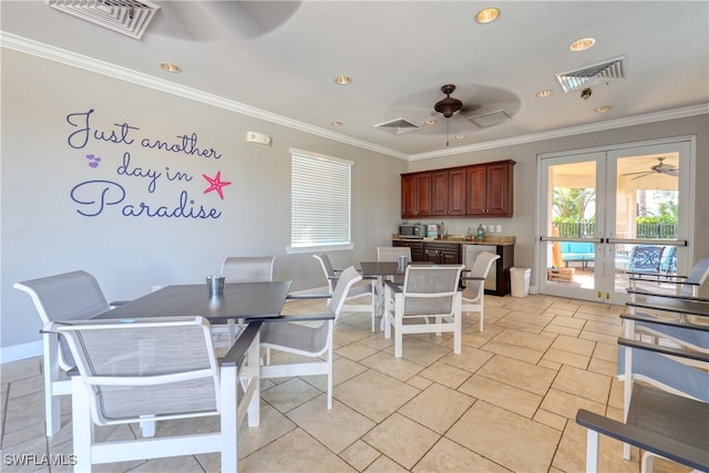 dining area featuring french doors, ceiling fan, and ornamental molding