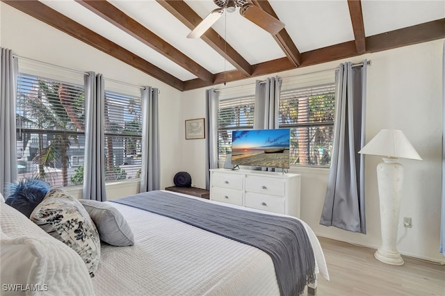 bedroom with vaulted ceiling with beams, light hardwood / wood-style flooring, and ceiling fan