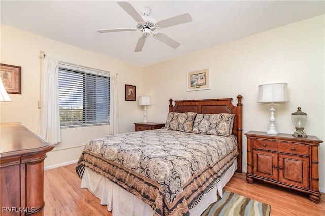 bedroom featuring ceiling fan and light wood-type flooring