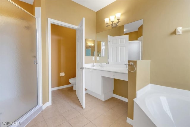 full bath with toilet, a bath, a shower stall, and tile patterned flooring