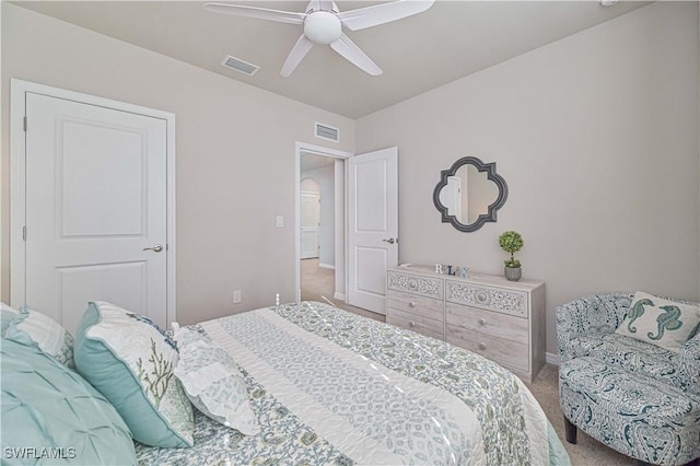 carpeted bedroom featuring ceiling fan