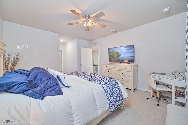 carpeted bedroom featuring ceiling fan