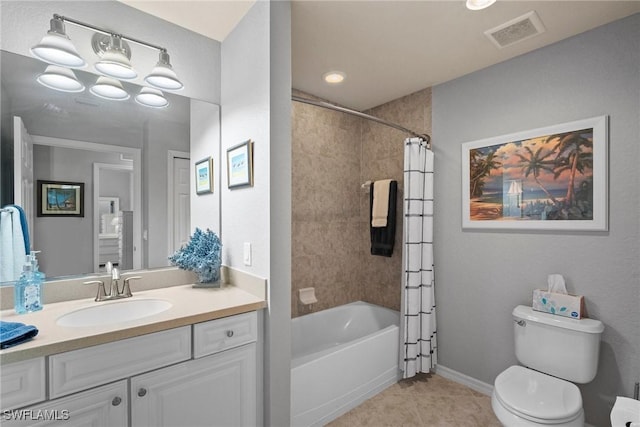 full bathroom featuring tile patterned flooring, vanity, shower / tub combo with curtain, and toilet