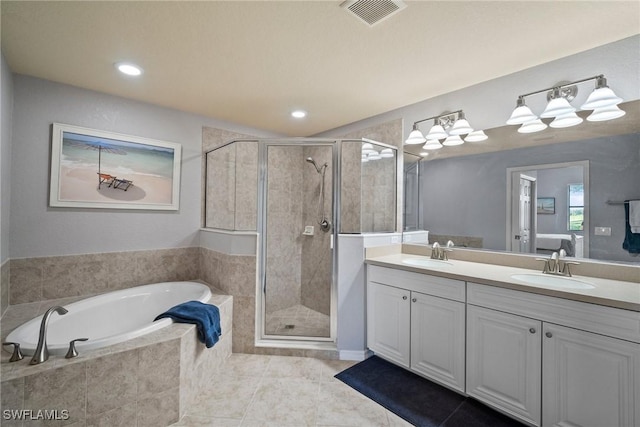 bathroom with vanity, separate shower and tub, and tile patterned flooring