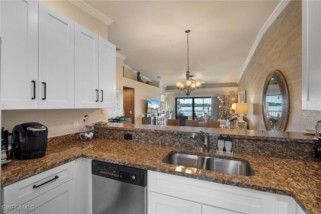 kitchen featuring white cabinetry, crown molding, dishwasher, and sink