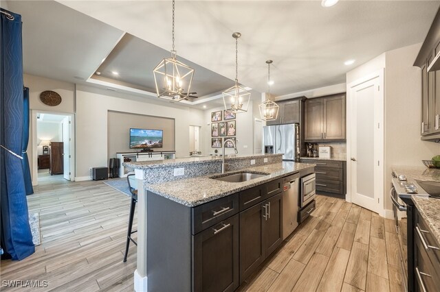 kitchen featuring a kitchen bar, sink, appliances with stainless steel finishes, a tray ceiling, and an island with sink