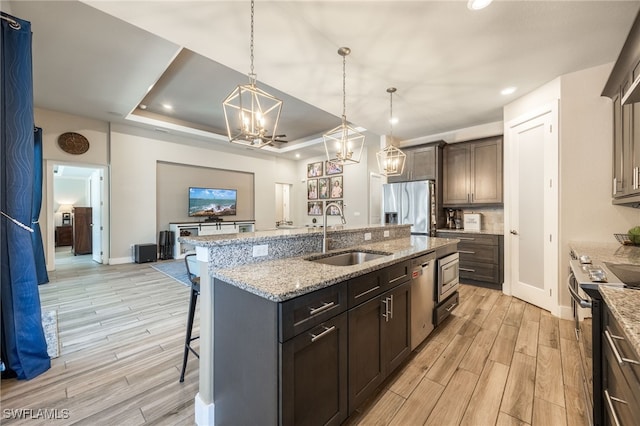 kitchen with appliances with stainless steel finishes, a breakfast bar, sink, a tray ceiling, and a center island with sink