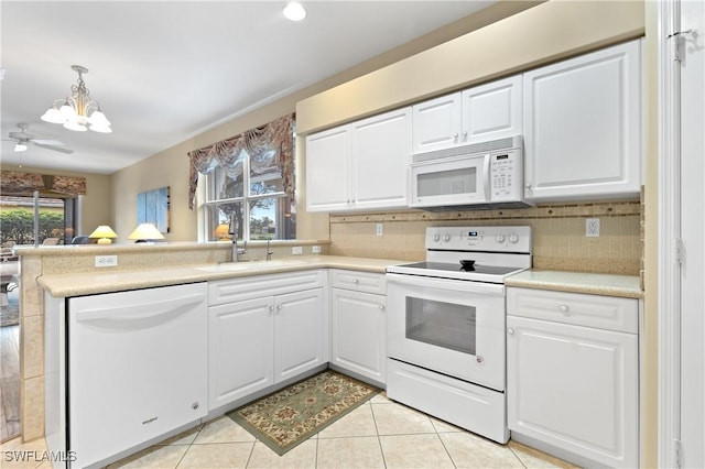 kitchen with pendant lighting, white cabinetry, sink, kitchen peninsula, and white appliances