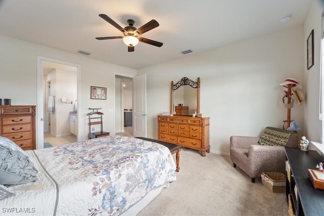 bedroom featuring ceiling fan and light colored carpet