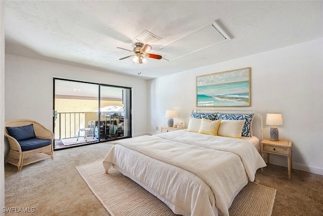 1400 Blue Point Ave Unit 207, Naples, FL 34102 - carpeted bedroom featuring attic access, access to exterior, a ceiling fan, and baseboards