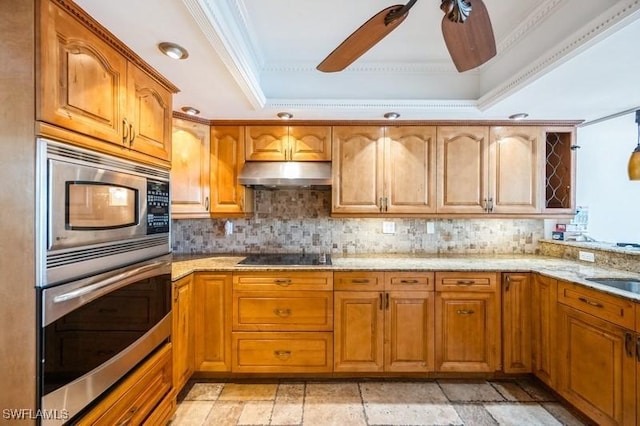 1400 Blue Point Ave Unit 207, Naples, FL 34102 - kitchen featuring appliances with stainless steel finishes, a raised ceiling, under cabinet range hood, light stone counters, and ornamental molding