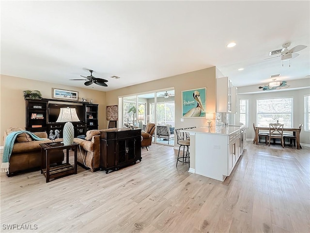 living room featuring ceiling fan, plenty of natural light, and light hardwood / wood-style floors