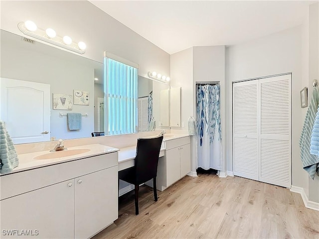 bathroom with wood-type flooring and vanity