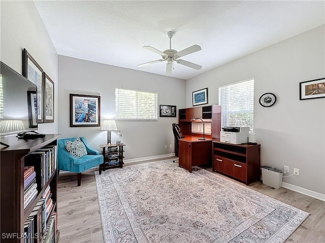 office space with ceiling fan and light hardwood / wood-style floors