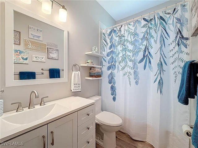 bathroom featuring a shower with curtain, vanity, toilet, and wood-type flooring