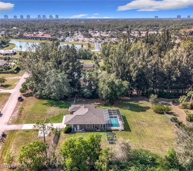 drone / aerial view featuring a water view