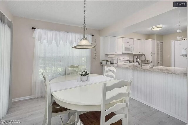 dining room featuring sink and light hardwood / wood-style flooring