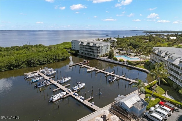 aerial view featuring a water view