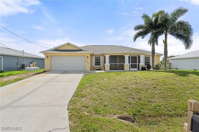 ranch-style house featuring driveway, stucco siding, an attached garage, central AC, and a front yard