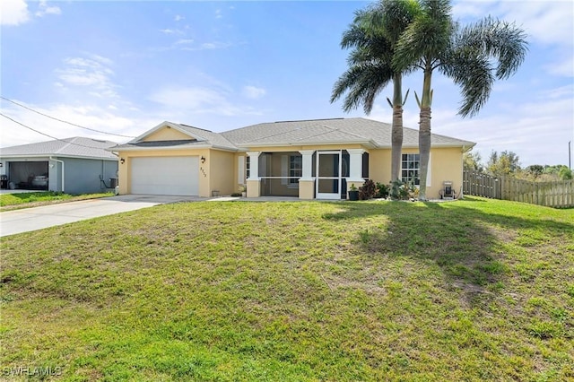 ranch-style house featuring stucco siding, an attached garage, fence, driveway, and a front lawn