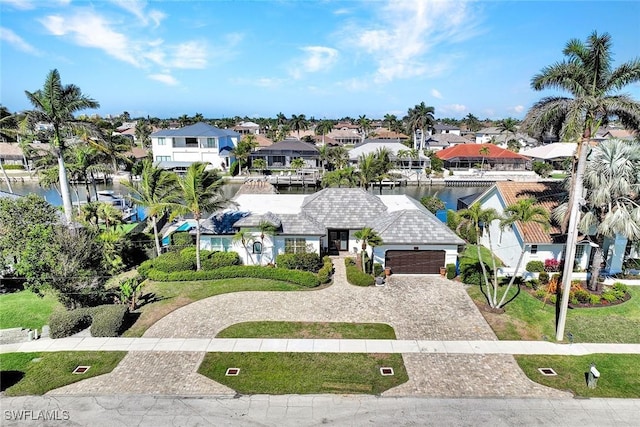 aerial view featuring a water view