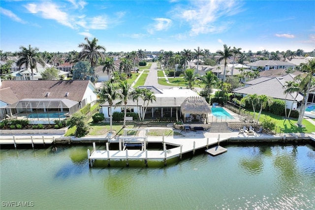 drone / aerial view with a water view