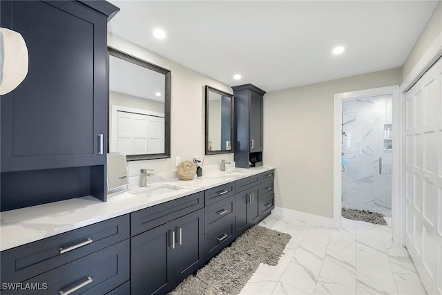 bathroom featuring walk in shower and vanity