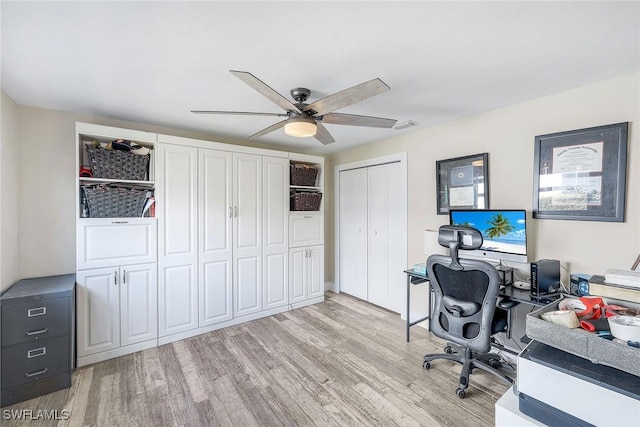 office area featuring light hardwood / wood-style flooring and ceiling fan