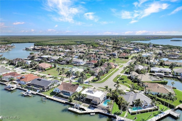 bird's eye view with a water view