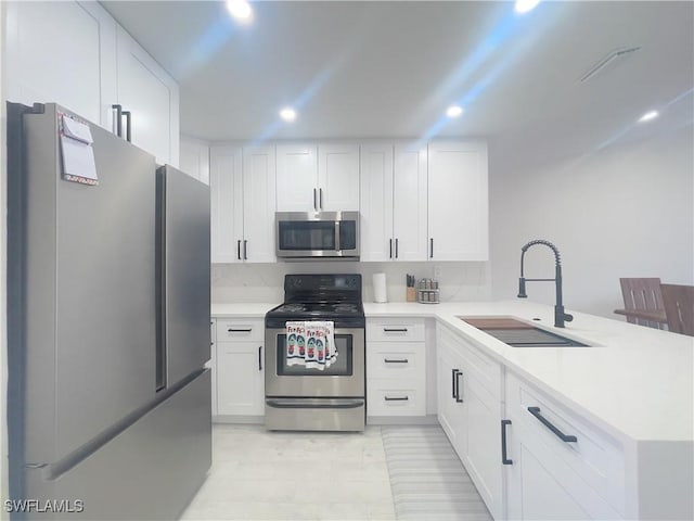 kitchen with appliances with stainless steel finishes, sink, white cabinets, and kitchen peninsula