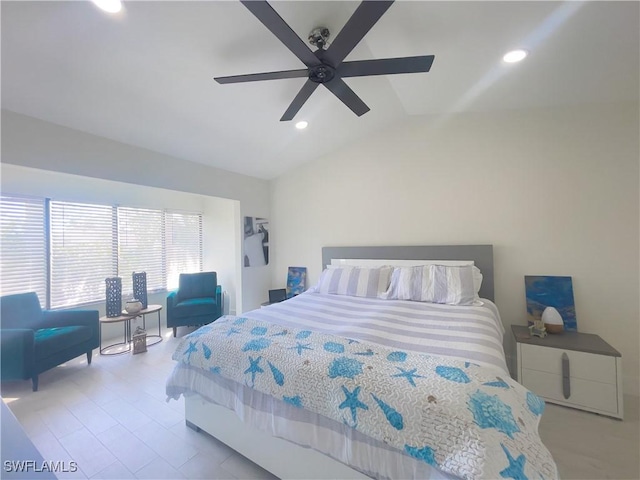 bedroom featuring vaulted ceiling and ceiling fan