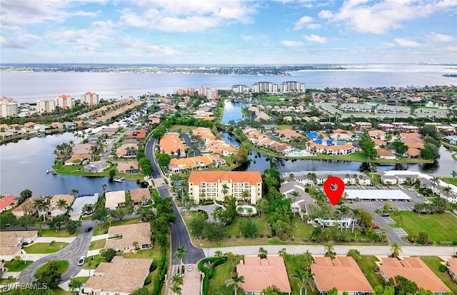 drone / aerial view featuring a water view