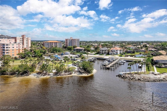 bird's eye view with a water view