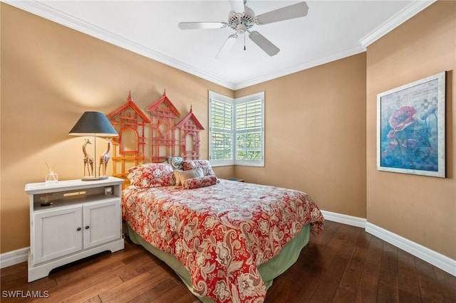 bedroom with wood-type flooring, ceiling fan, and crown molding