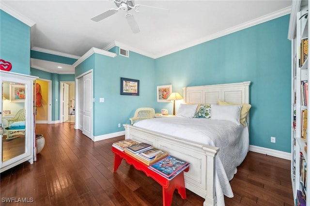 bedroom featuring ceiling fan, ornamental molding, and dark hardwood / wood-style floors