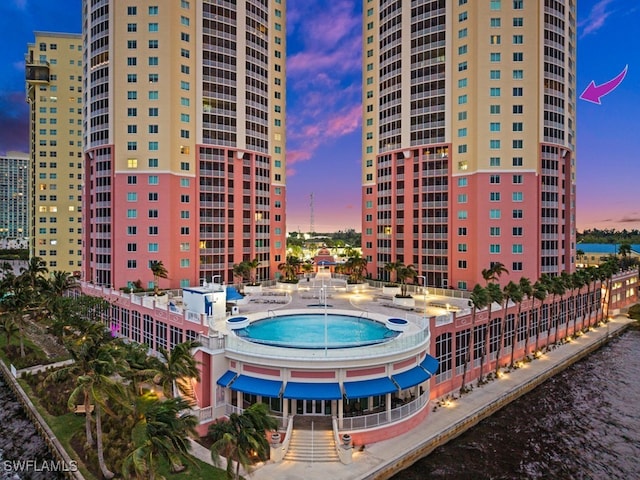 outdoor building at dusk with a water view