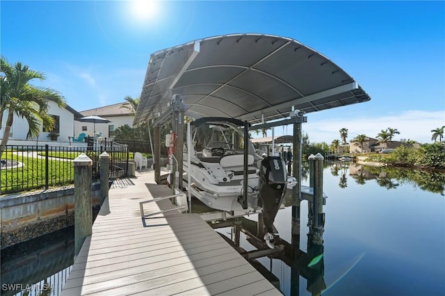 view of dock with a water view