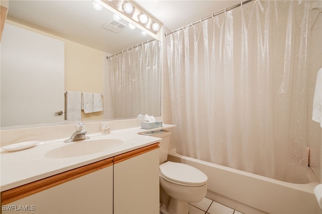 full bathroom with vanity, tile patterned floors, toilet, and shower / bathtub combination with curtain