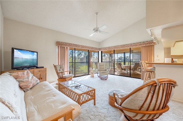 living room with ceiling fan, a wealth of natural light, a textured ceiling, and carpet flooring