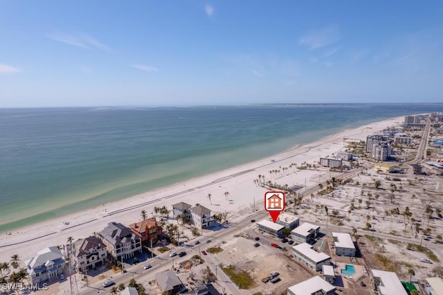 drone / aerial view with a view of the beach and a water view