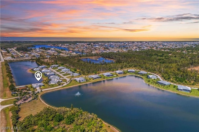drone / aerial view featuring a water view