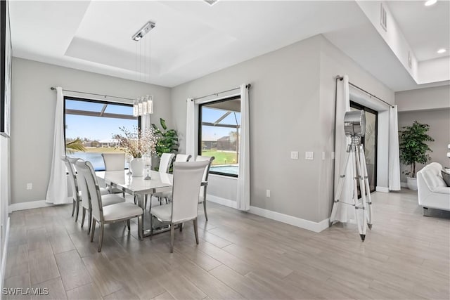 dining space with a tray ceiling, plenty of natural light, baseboards, and light wood finished floors